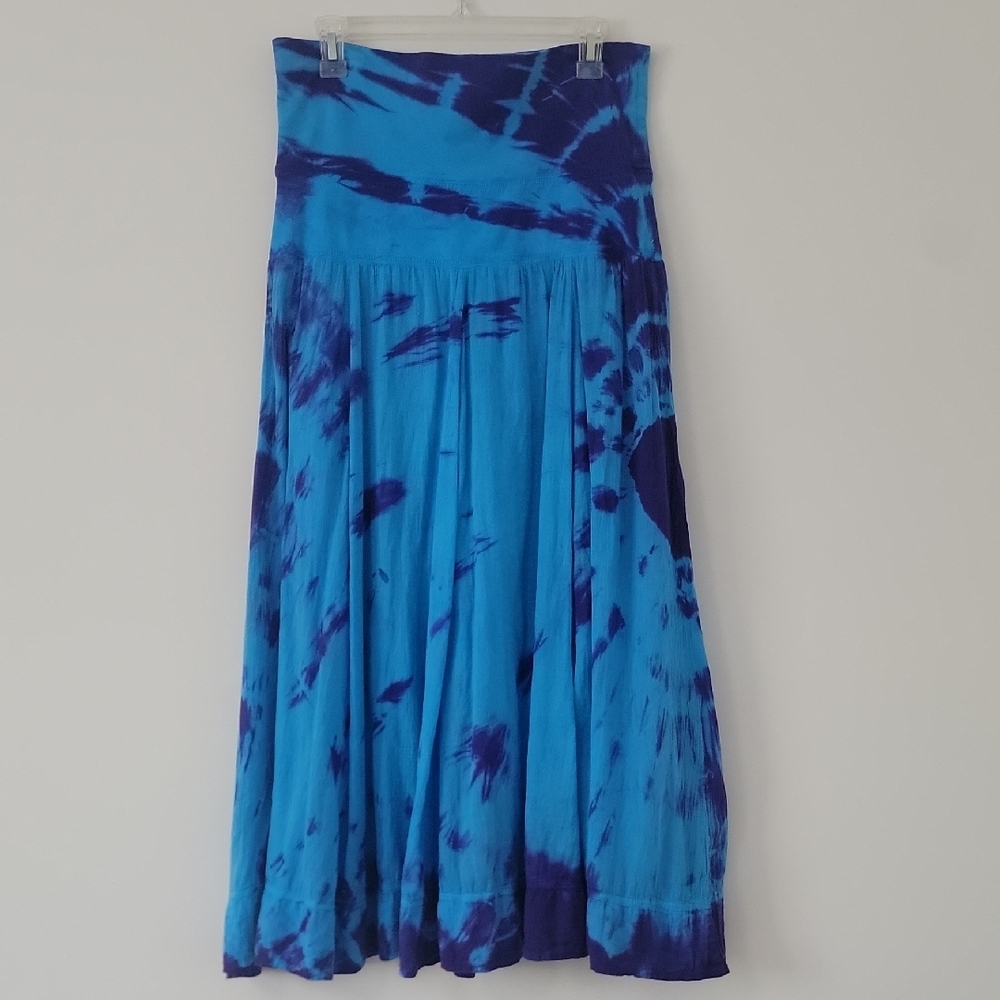 Women's Indian Tropical Blue Purple Cotton Tie-Dye Fold Over Maxi Skirt Size M